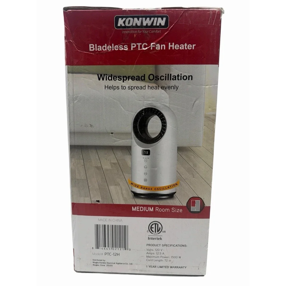 Konwin PTC-12H Bladeless Ceramic Fan Heater 1500W Oscillating Open Box w/ Remote